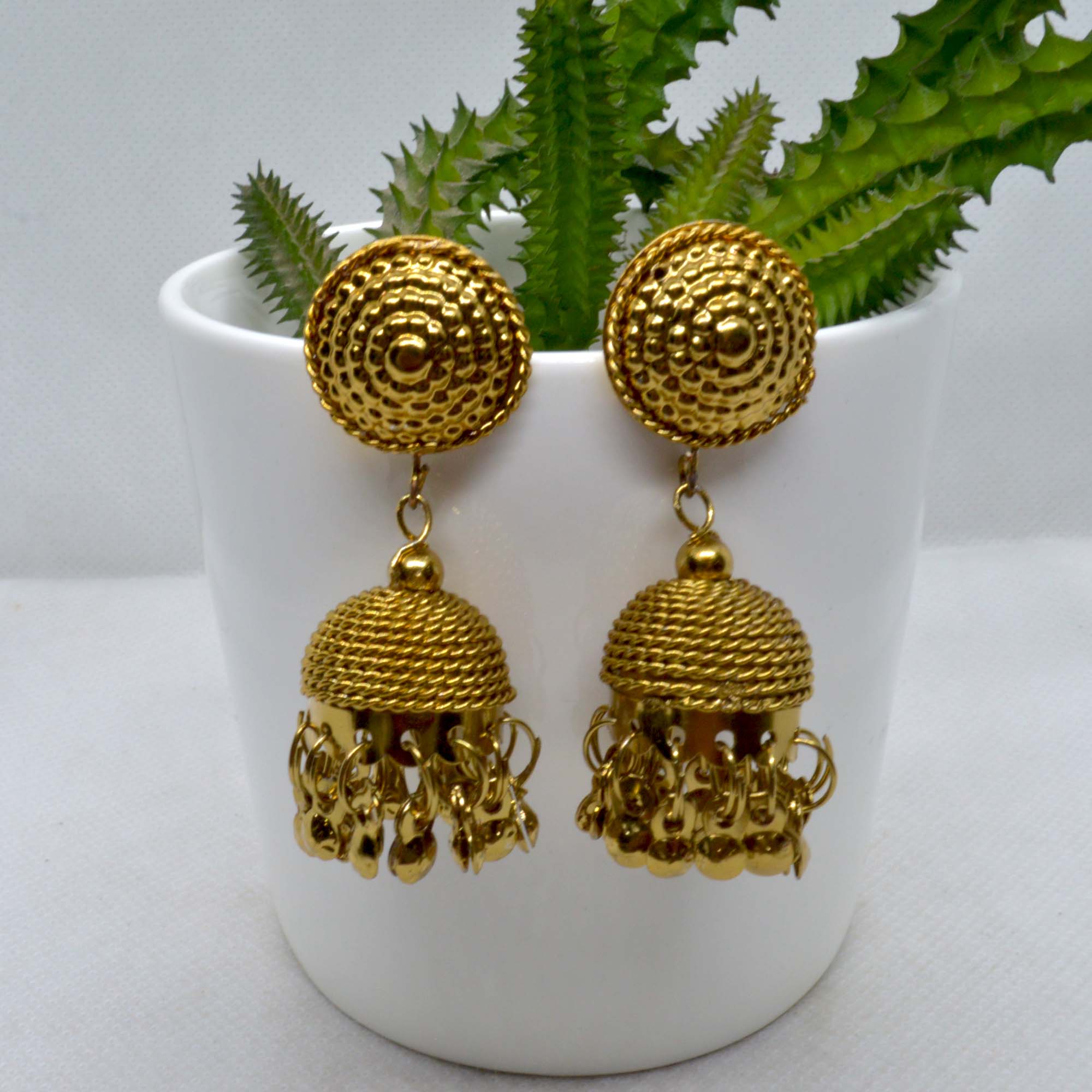Golden Textured Jhumki Drop Ea...