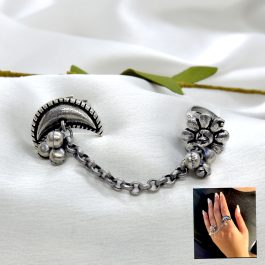 Jewels of Nepal Crescent Moon & Flower Designed Double Finger Ring For Women