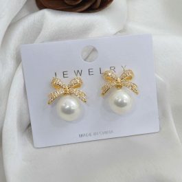Jewels of Nepal Stone Studded Bow Top Faux Pearl Ear Studs for Women