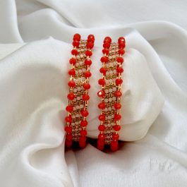 Jewels of Nepal Red Crystal Beaded Metal Bangles/Bala for Women