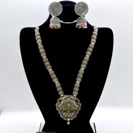 Jewels of Nepal Silver Oxidized Long Necklace & Earrings Set for Women