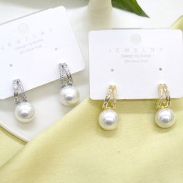 Jewels of Nepal Simulated Pearl & CZ Stones Studded C-Hoop Stud Earrings for Women