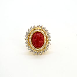 Jewels of Nepal Australian Diamond Studded Red Faux Muga Ganesh Adjustable Statement Ring For Women