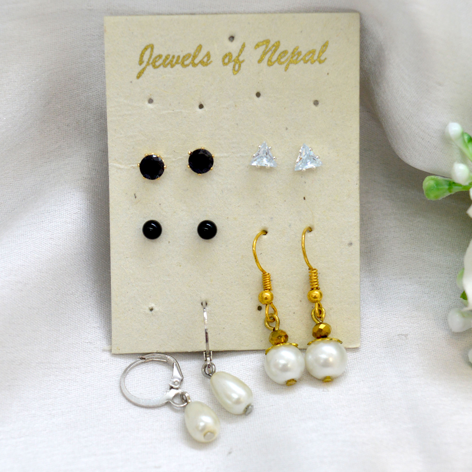 Jewels of Nepal Faux Pearl Combo Earrings Set for Women - Image 4