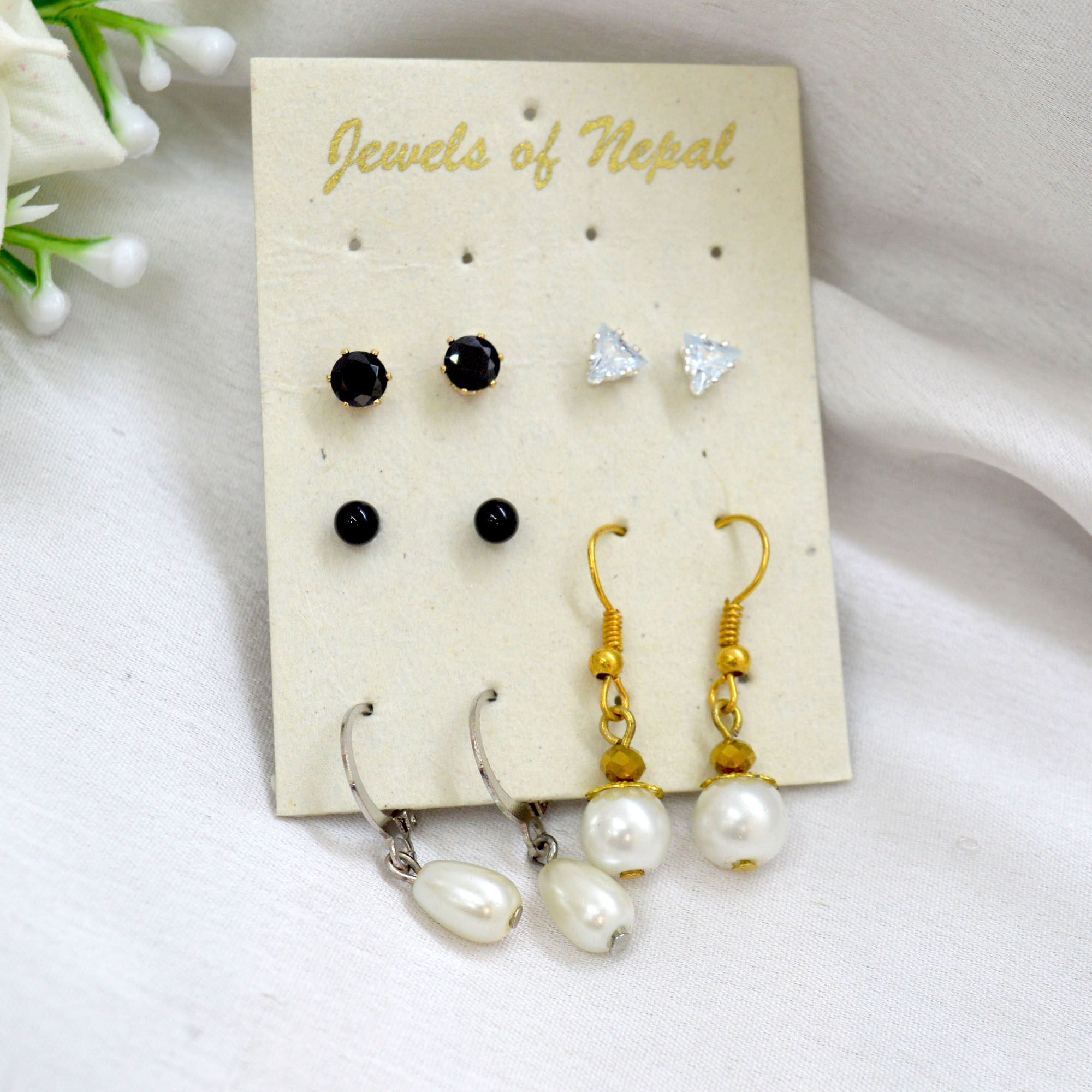 Jewels of Nepal Faux Pearl Combo Earrings Set for Women - Image 2