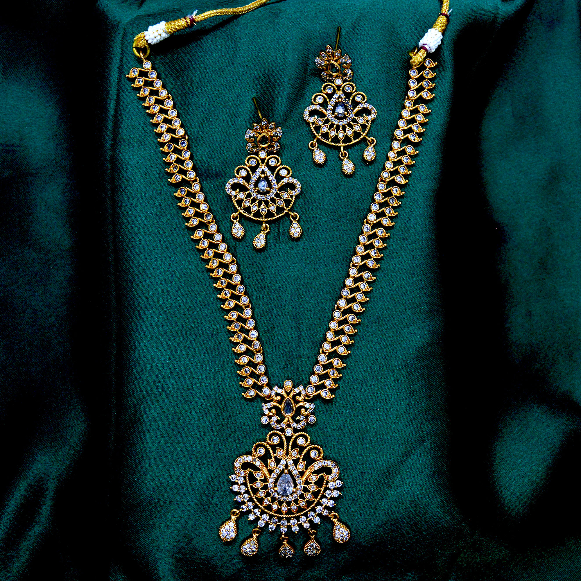 Jewels of Nepal Stone Studded Adjustable Long Temple Necklace & Earrings Set for Women