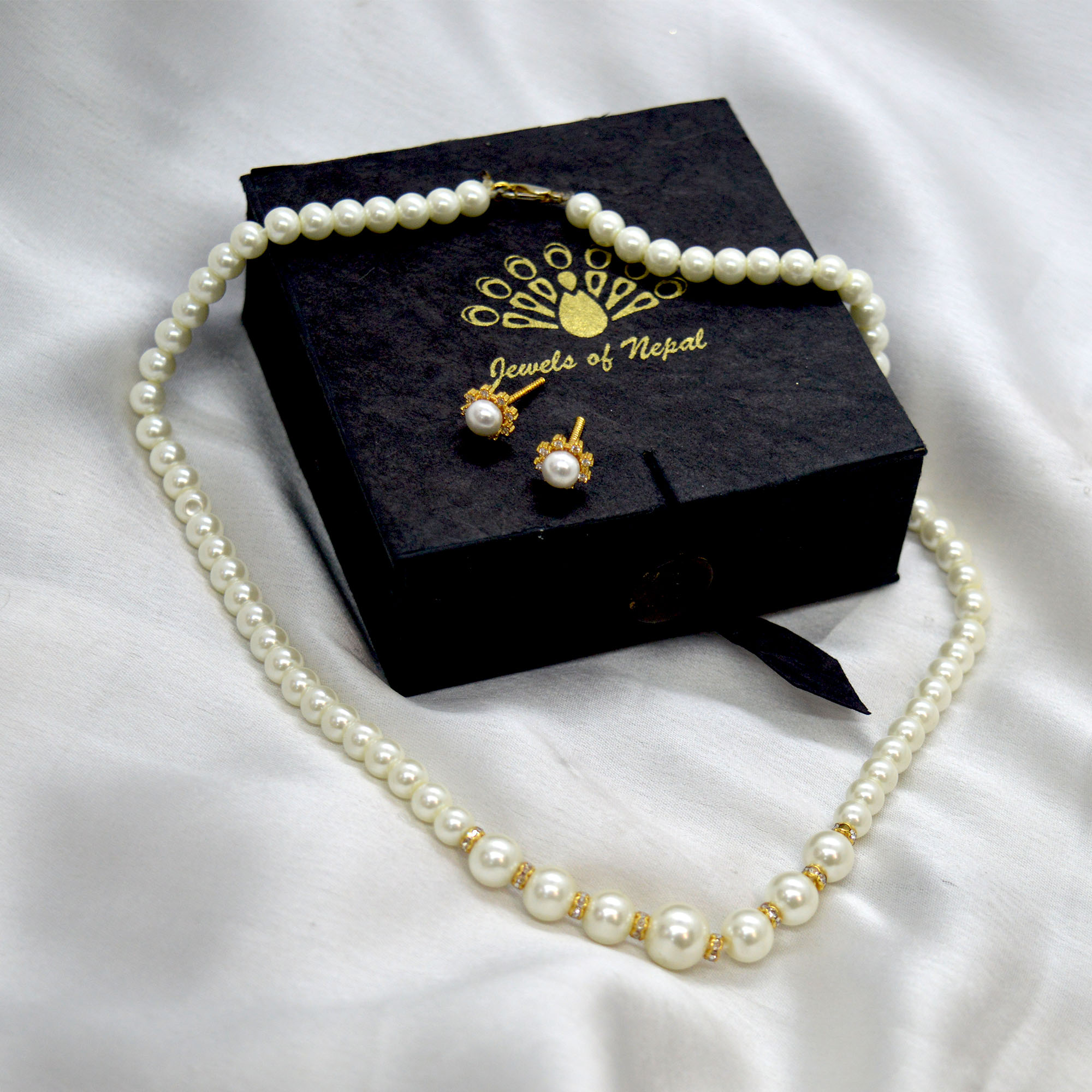 Jewels Of Nepal Gold Plated Stone Studded Faux Pear (Moti) Mala With Ear Studs Set For Women - Image 2