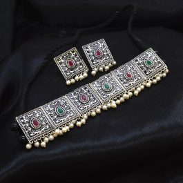Jewels Of Nepal Silver/Multi Color Pearl Oxidized Set Thread Necklace For Women