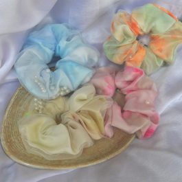 Jewels of Nepal Double Layered Silk Net Hair Scrunchies with Loose Pearls for Women