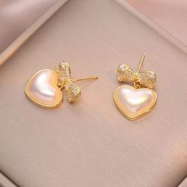 Jewels of Nepal Shiny Cute Pearl Heart Drop Bow Top Dangling Earrings for Women
