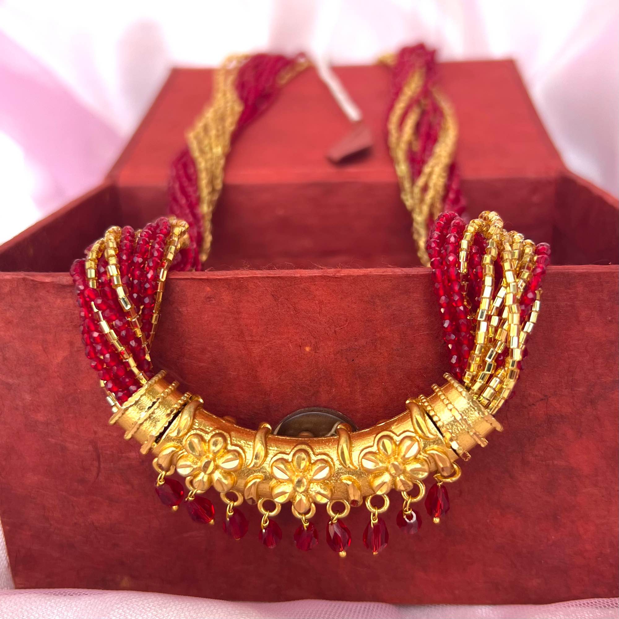 Jewels of Nepal Guaranteed Gold Plated Curved Tassel Tilhari Hydro Crystal & Potey Beaded Mala / Necklace / Mangalsutra for Women - Image 2