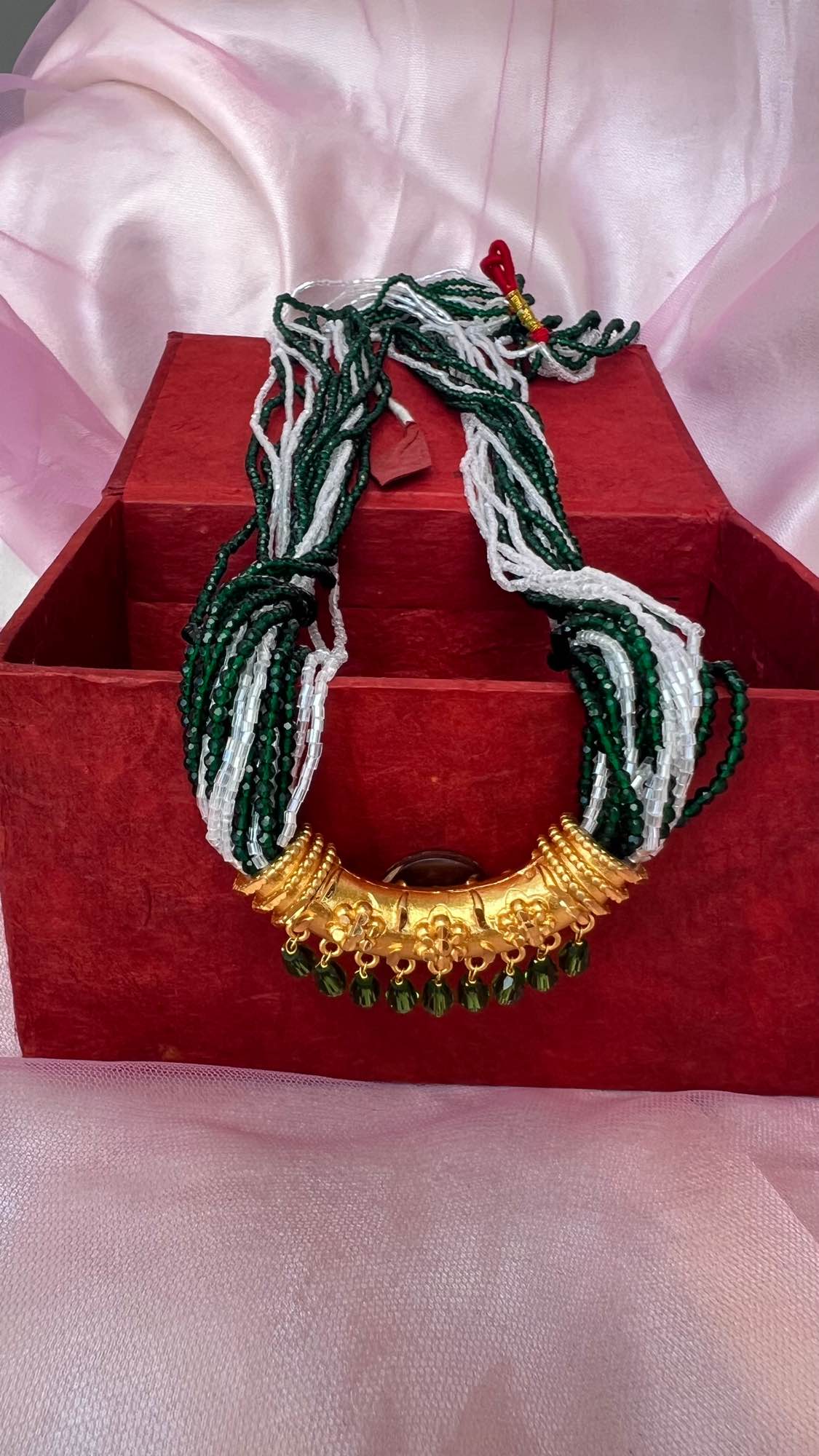 Jewels of Nepal Guaranteed Gold Plated Curved Tassel Tilhari Hydro Crystal & Potey Beaded Mala / Necklace / Mangalsutra for Women