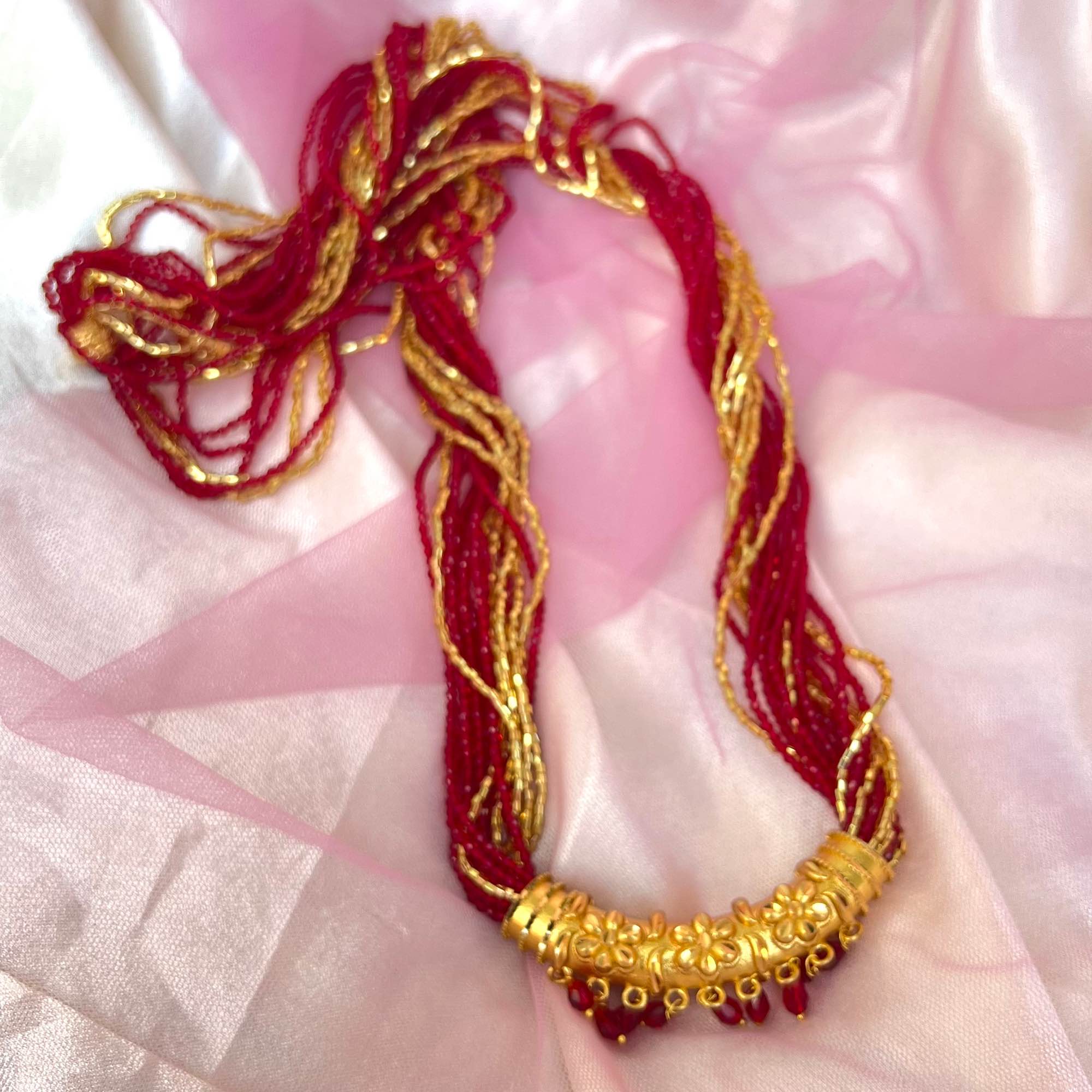 Jewels of Nepal Guaranteed Gold Plated Curved Tassel Tilhari Hydro Crystal & Potey Beaded Mala / Necklace / Mangalsutra for Women - Image 3