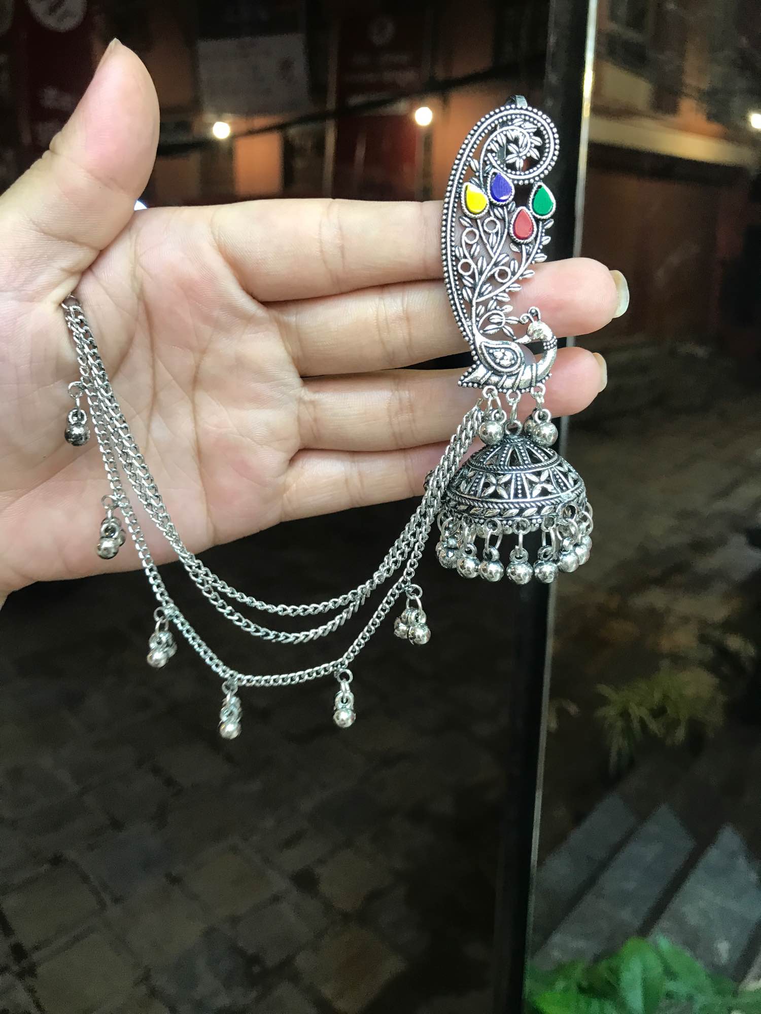 Jewels Of Nepal Oxidized Toned Mayur Designed Pinjada Bahubali Earrings - Image 2
