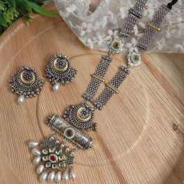 Jewels Of Nepal Oxidized Long Minakari Faux Pearl Tassel Necklace & Earrings Set