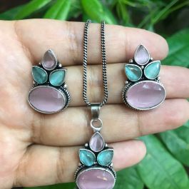 Jewels Of Nepal Oxidized Multicolored Chain Pendant & Earrings Set