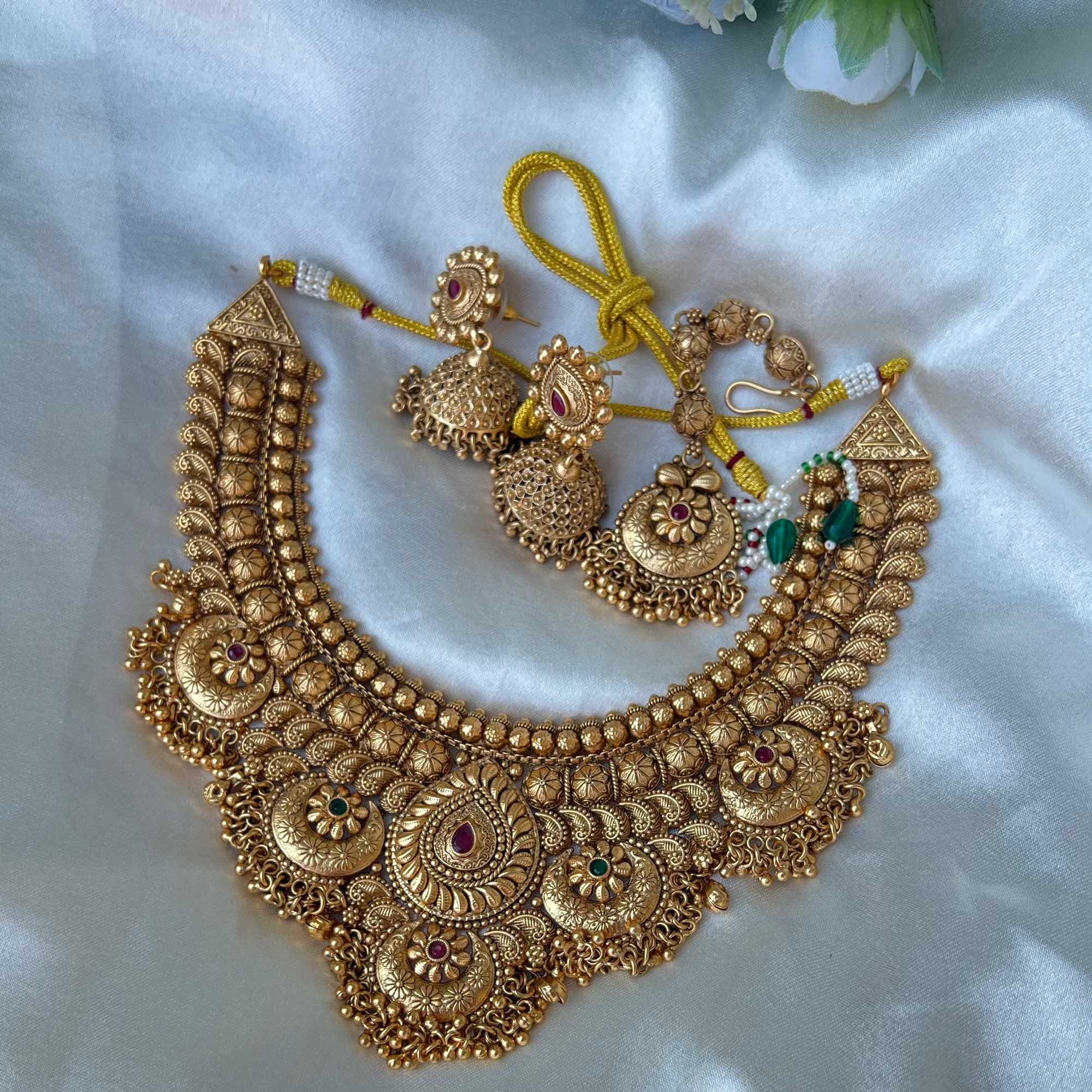 Jewels of Nepal Brass Heavy Oxidized Jewelry Set with Necklace, Earrings & Maangtika - Image 2