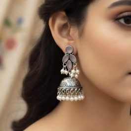Jewels Of Nepal Pair Of Oxidized Silver Jhumka Earrings For Women