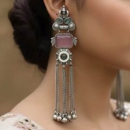 Jewels Of Nepal German Silver Oxidized Kashmiri Earrings With Replica Stone