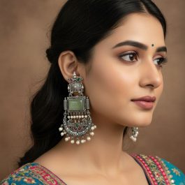 Jewels Of Nepal Oxidized Silver Replica Stone Jhumki Earrings For Women