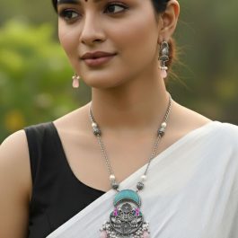 Jewels Of Nepal Oxidized Long Necklace & Earrings Set For Women
