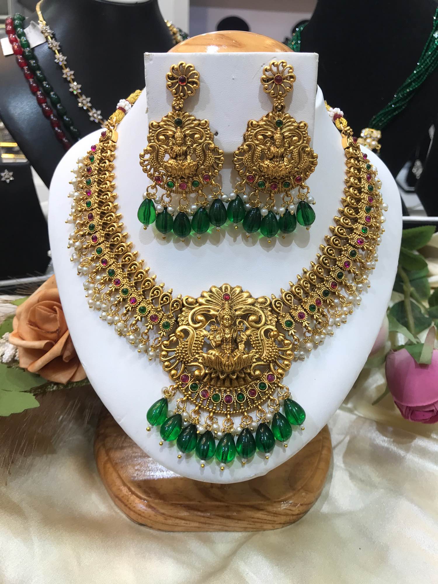 Jewels Of Nepal Gold Plated Green Beaded Temple Sets For Women - Image 2