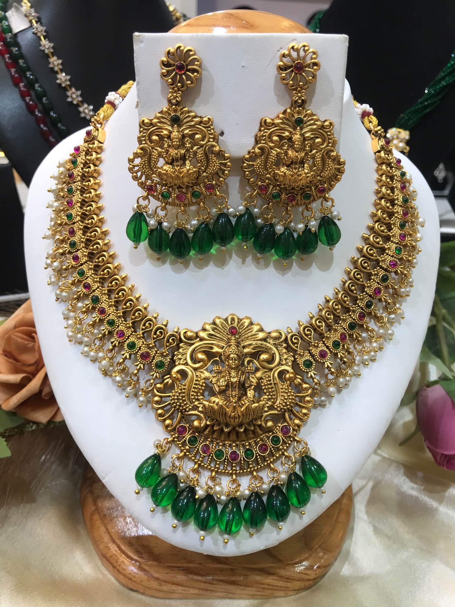 Jewels Of Nepal Gold Plated Green Beaded Temple Sets For Women