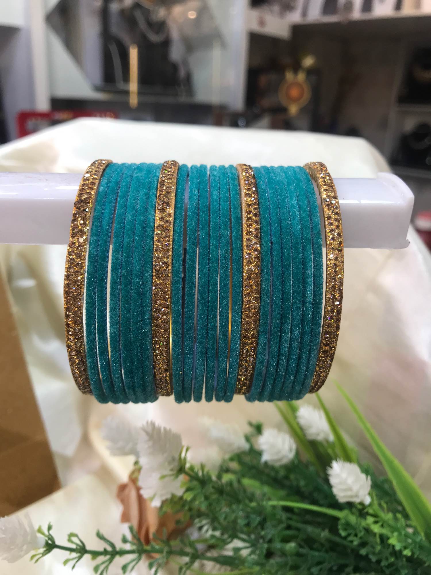 Jewels Of Nepal 18pcs Velvet Bangles& Stone Metal Bangles4pcs For Women - Image 3
