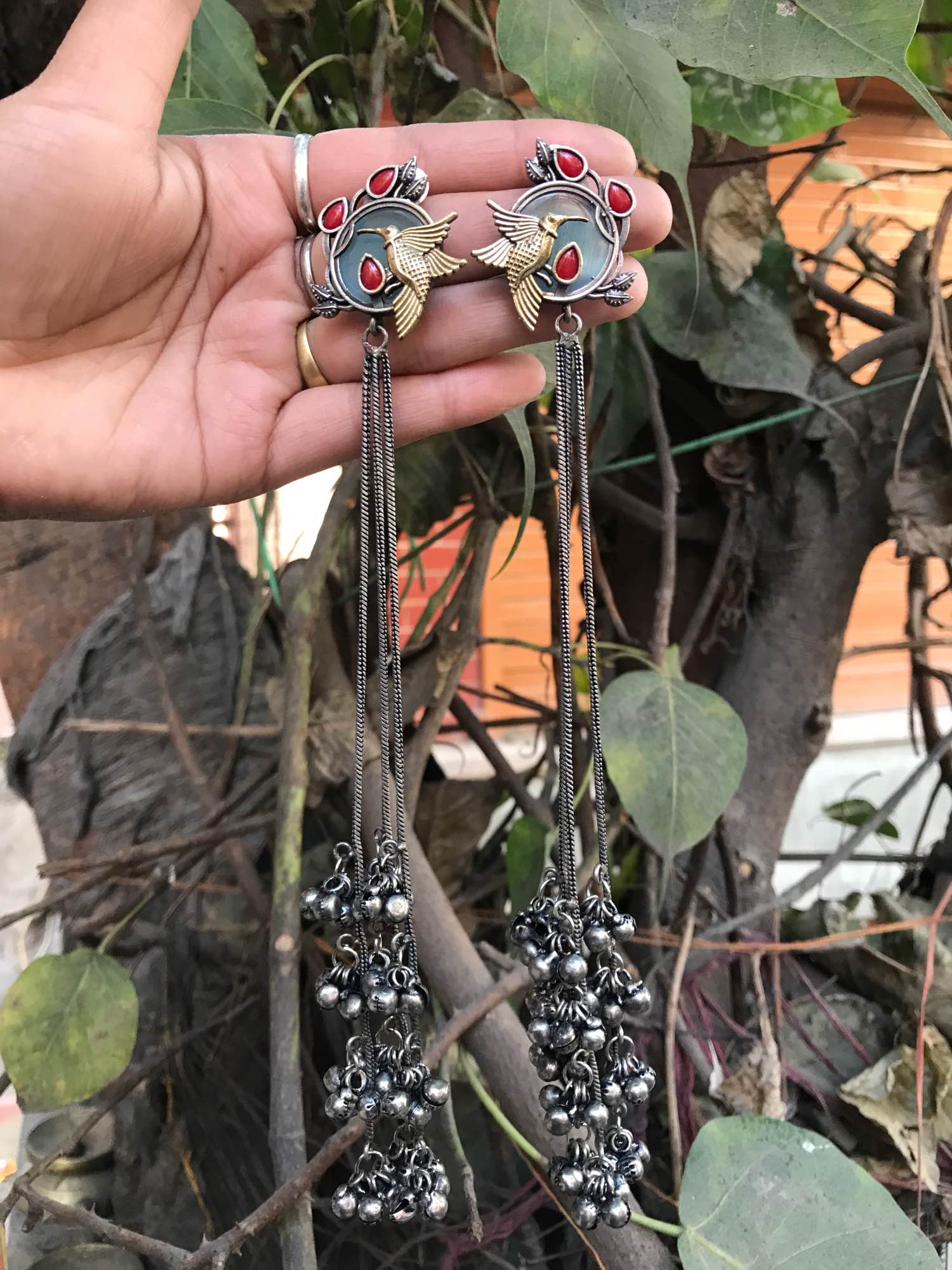 Jewels of Nepal Oxidized Kashmiri Trendy Long Ethnic Earrings - Image 2