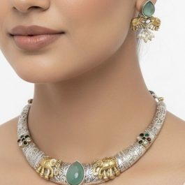 Jewels of Nepal Replica Stone Oxidized Hasli Necklace Set