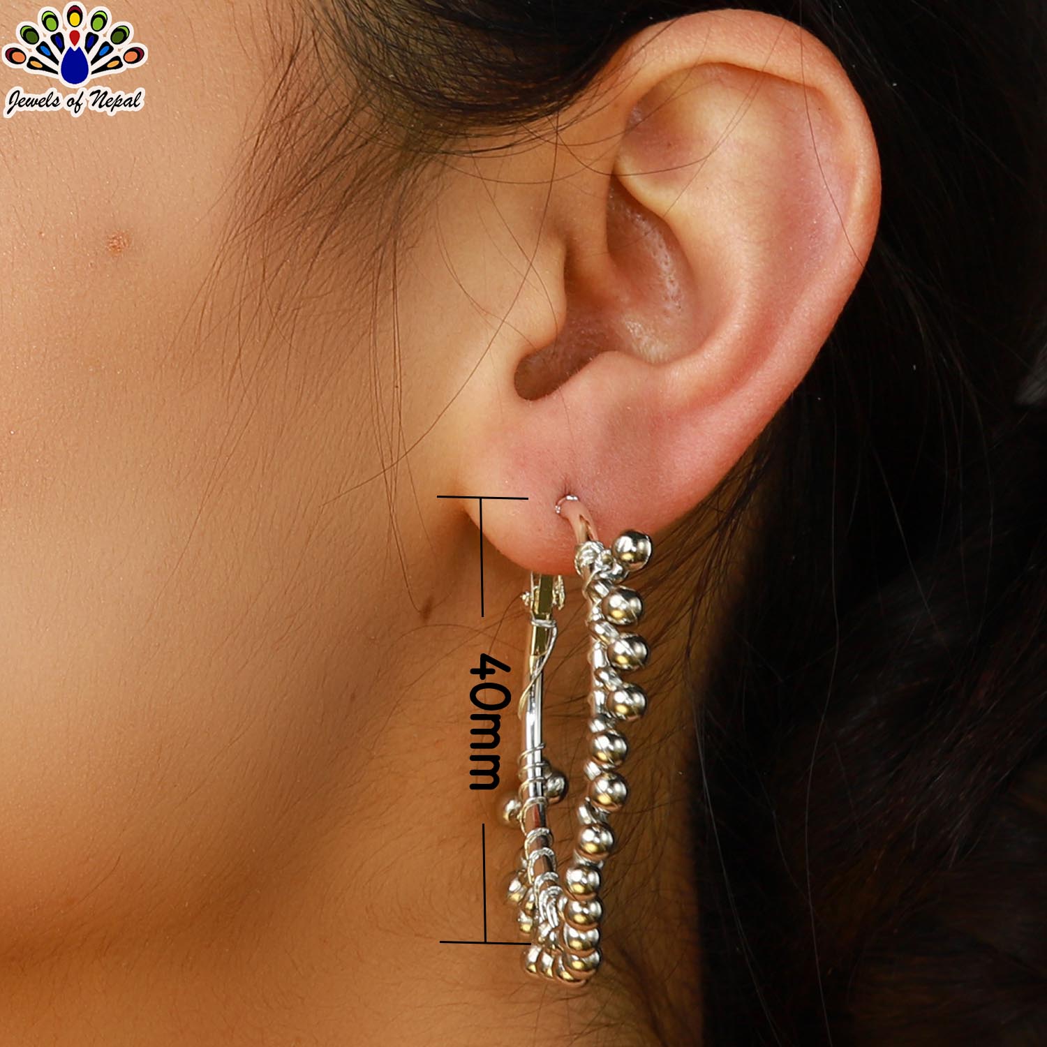 Silver Balls Beaded Hoop Style Earrings For Women- Jewels of Nepal - Image 2