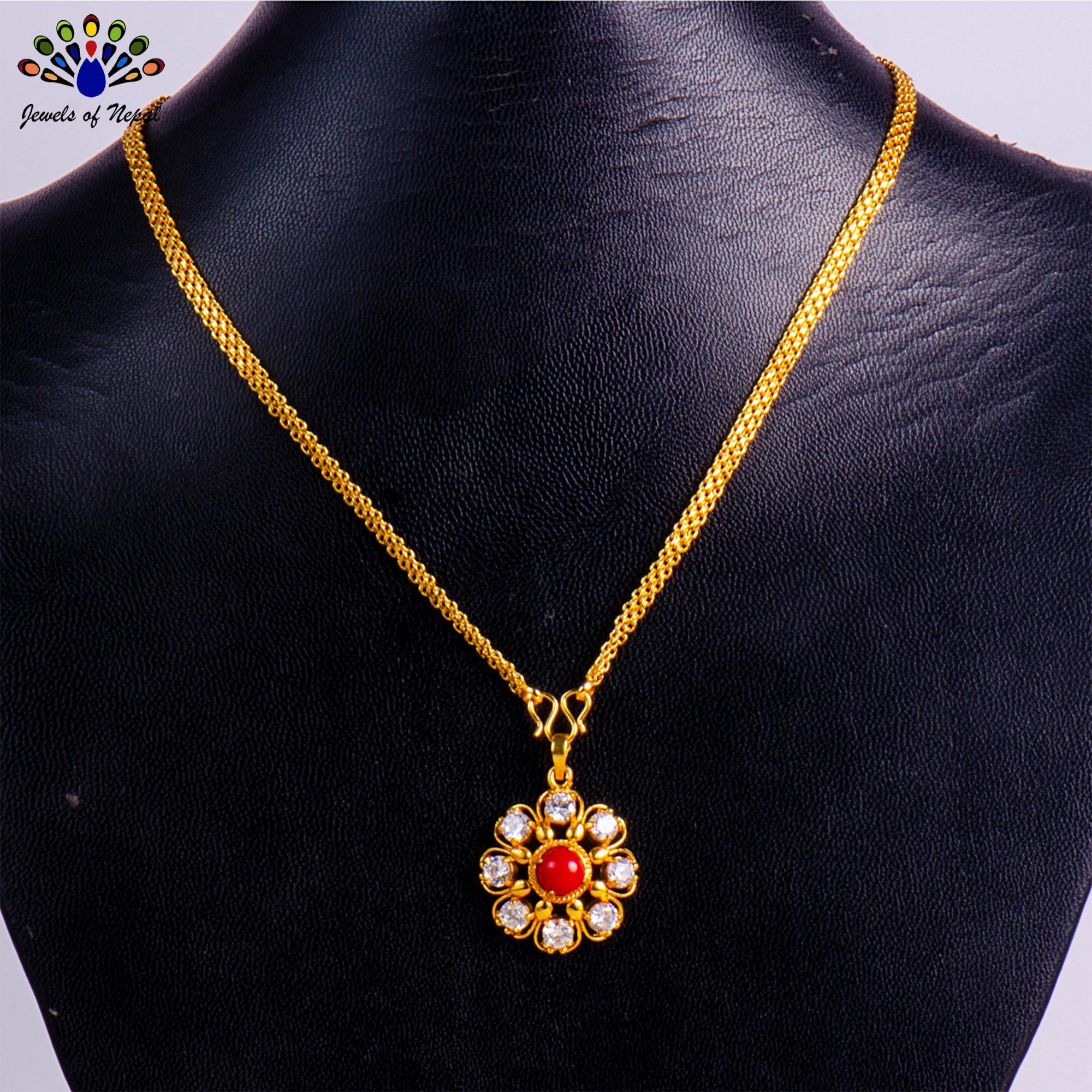 Gold Plated Traditional Flower Designed Stones Studded Chain Pendant for Women - Image 2