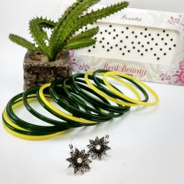 Green Bangles And Flower Designed Stone Earrings Set With Free Tika Packet
