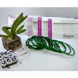 Green Glossy Bangles And 5 Packets Of Green/Black/White Bindi (Tika)