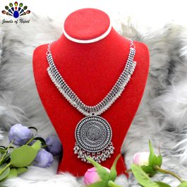 Oxidized Toned Balls Beaded Dot Patterned Round Pendant Statement Necklace by Jewels of Nepal