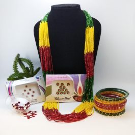 Pack Of Green/Red/Yellow Potey Mala And Green/Red Stone Studded Bangles With Free Bindis(3 Packets)