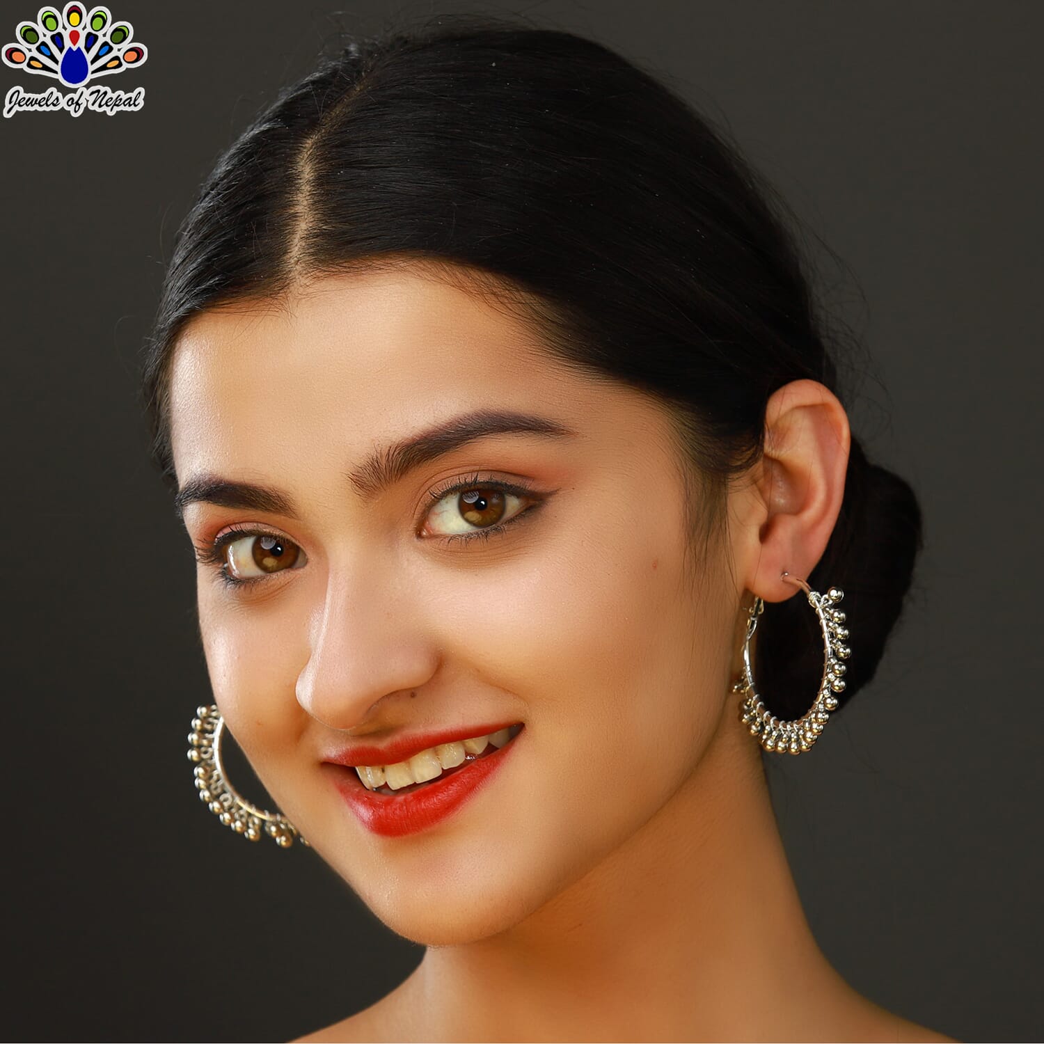 Silver Balls Beaded Hoop Style Earrings For Women- Jewels of Nepal - Image 4