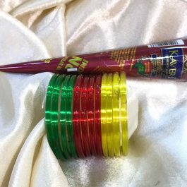Kids Shrawan Special Green, Red & Yellow Cut Patterned Glass Bangles/ Chura Set with Mehendi for Kids