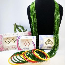 Pack Of Green Chunky Potey Mala And 18 Pieces Bangles Set With Free Tikas (3 Packs)