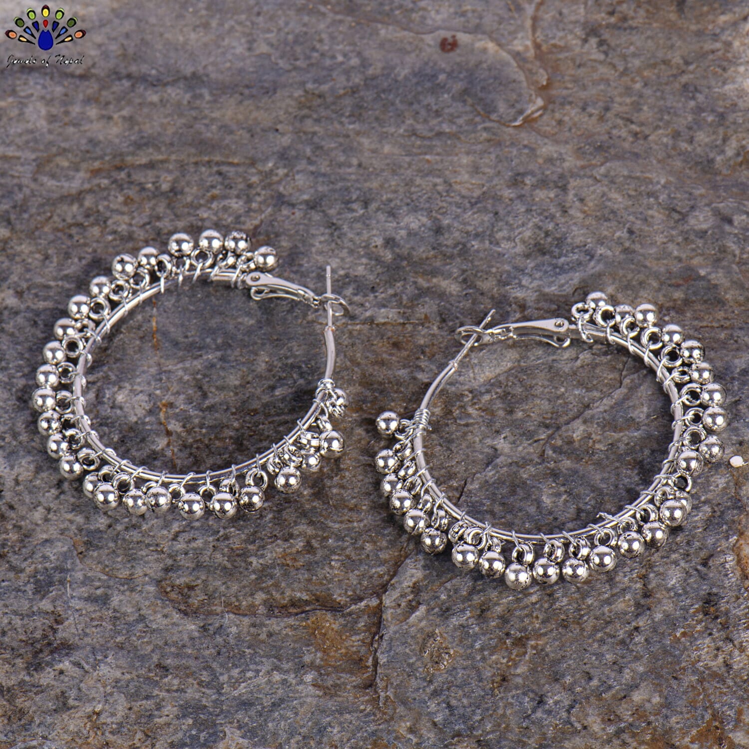 Silver Balls Beaded Hoop Style Earrings For Women- Jewels of Nepal - Image 5
