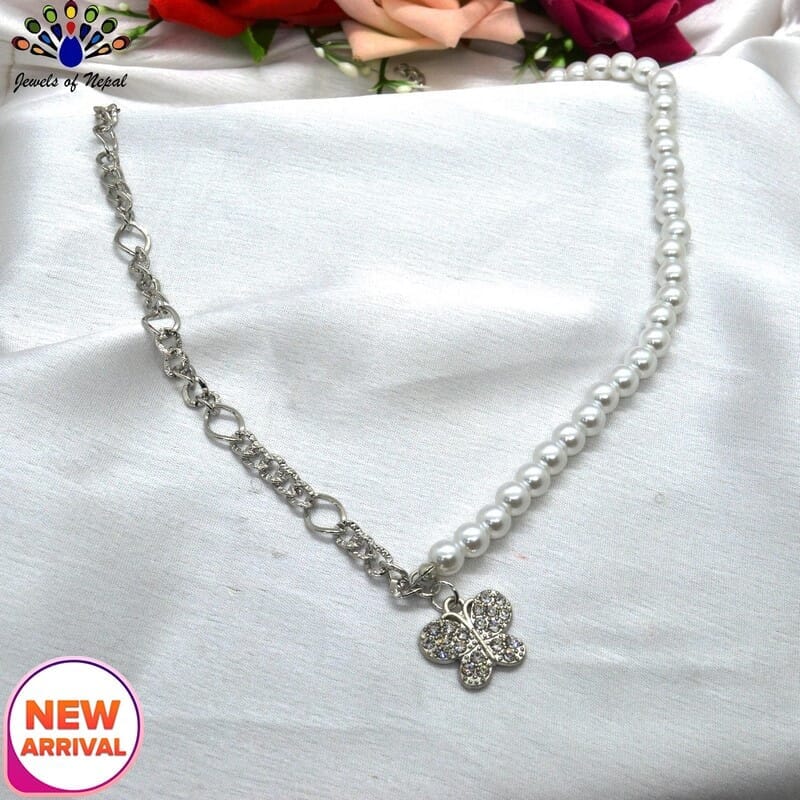 Jewels of Nepal Butterfly Pendant and Faux Pearl Chain for Women