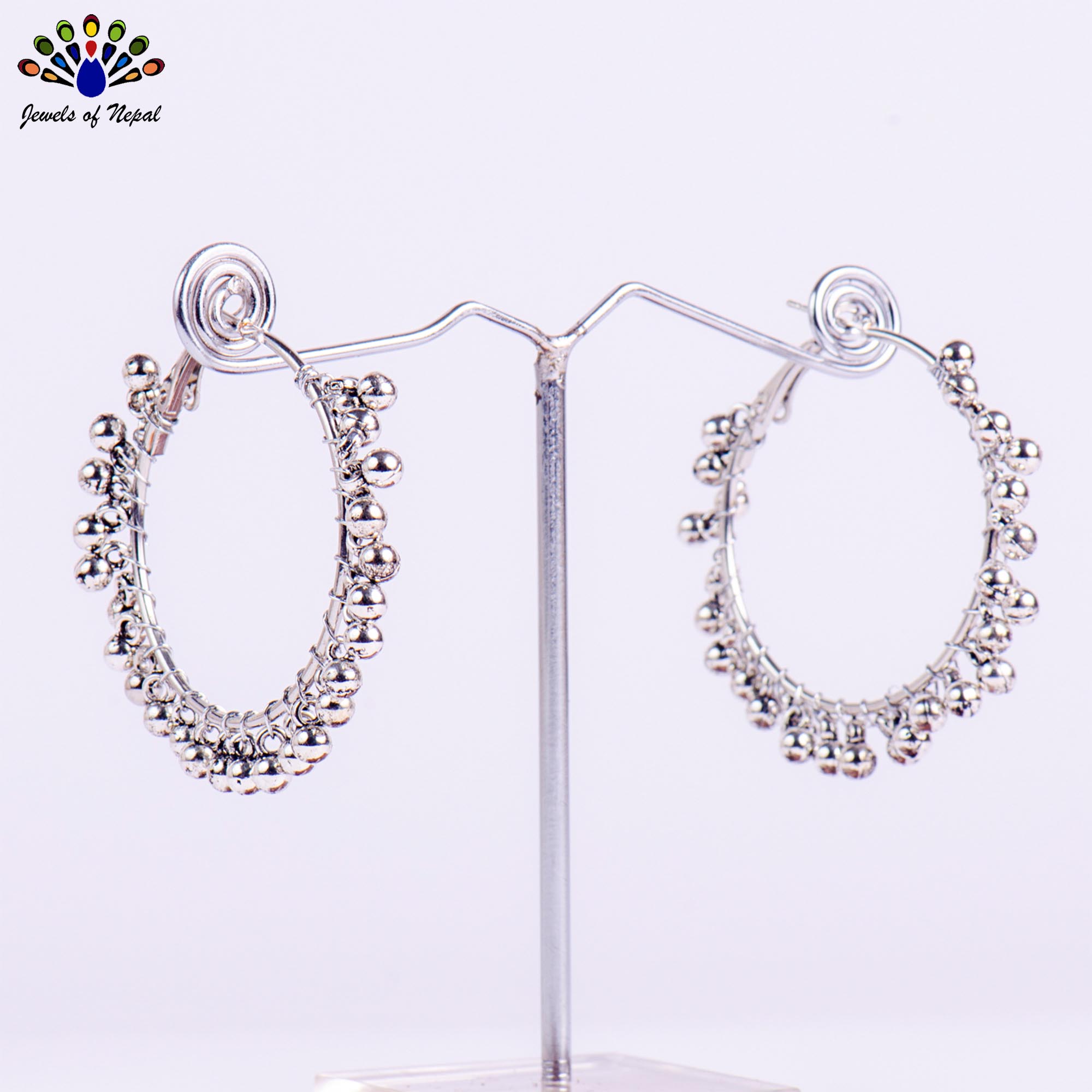 Silver Balls Beaded Hoop Style Earrings For Women- Jewels of Nepal - Image 3