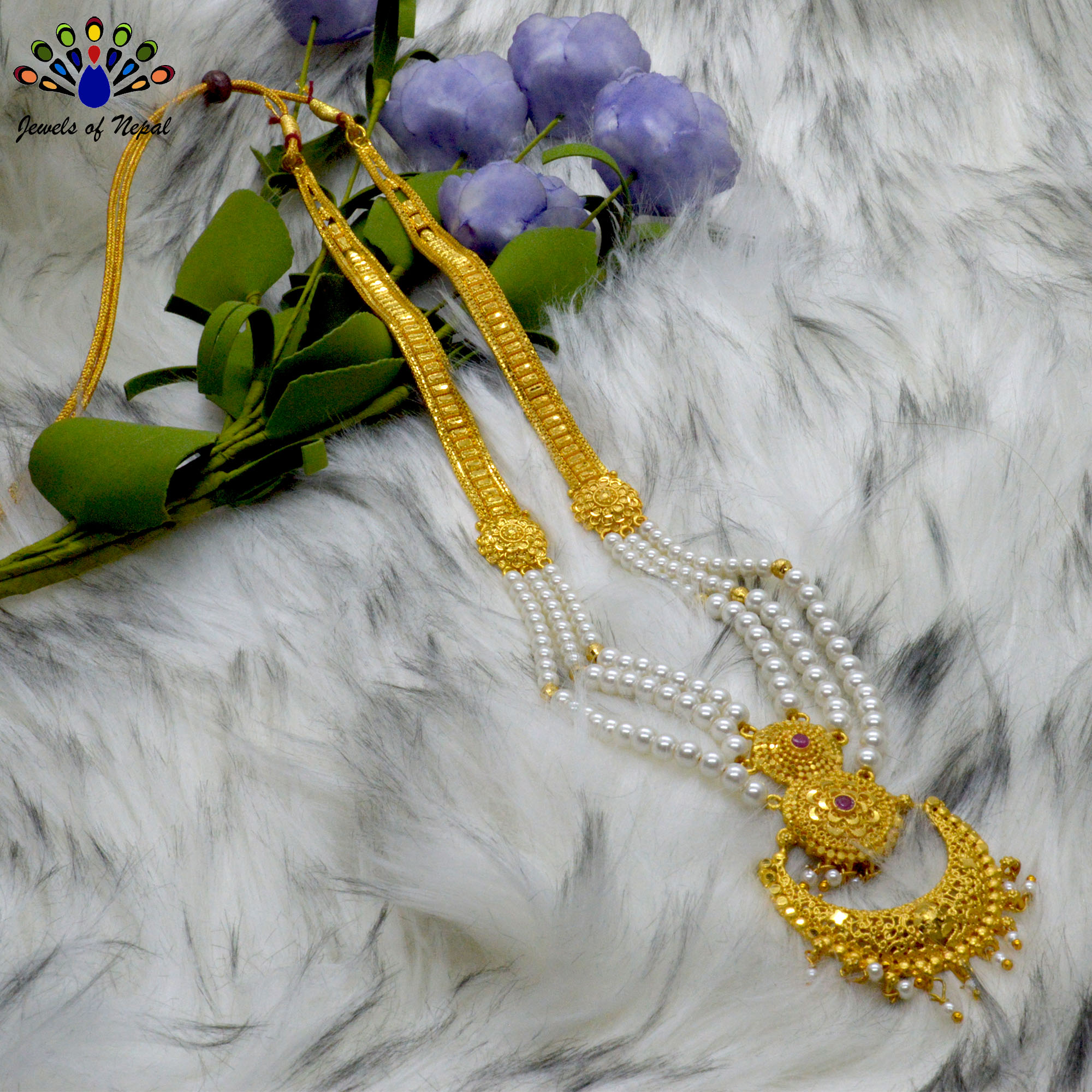 Chandbali Designed Gold Plated Faux Moti / Crystal Beaded Adjustable Ranihaar For Women - Image 3
