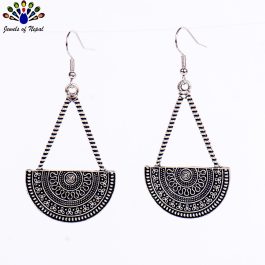 Silver Mandala Patterned Half Circular Dangling Earrings