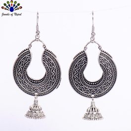 Antique Silver Toned Chandbali Designed Drop Earrings For Women
