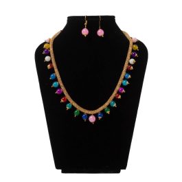 Faux Crystal Filled Golden/Multicolored Necklace And Earrings Set