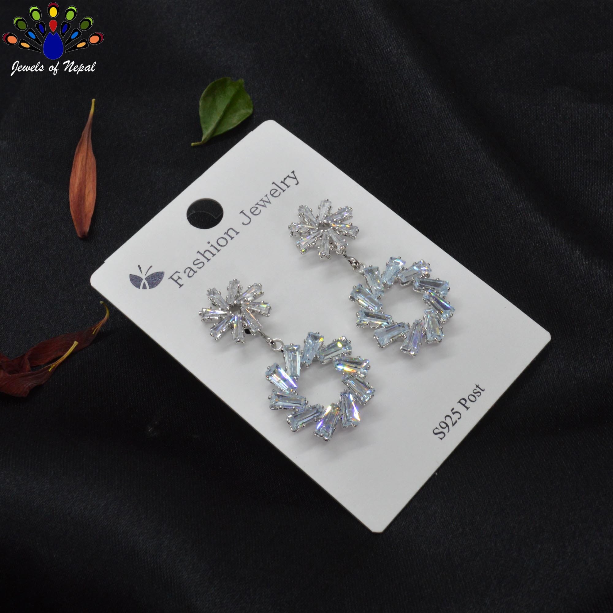 Jewels of Nepal S925 Golden/Silver Stone Studded Floral Top Circular Drop Designed Earrings For Women