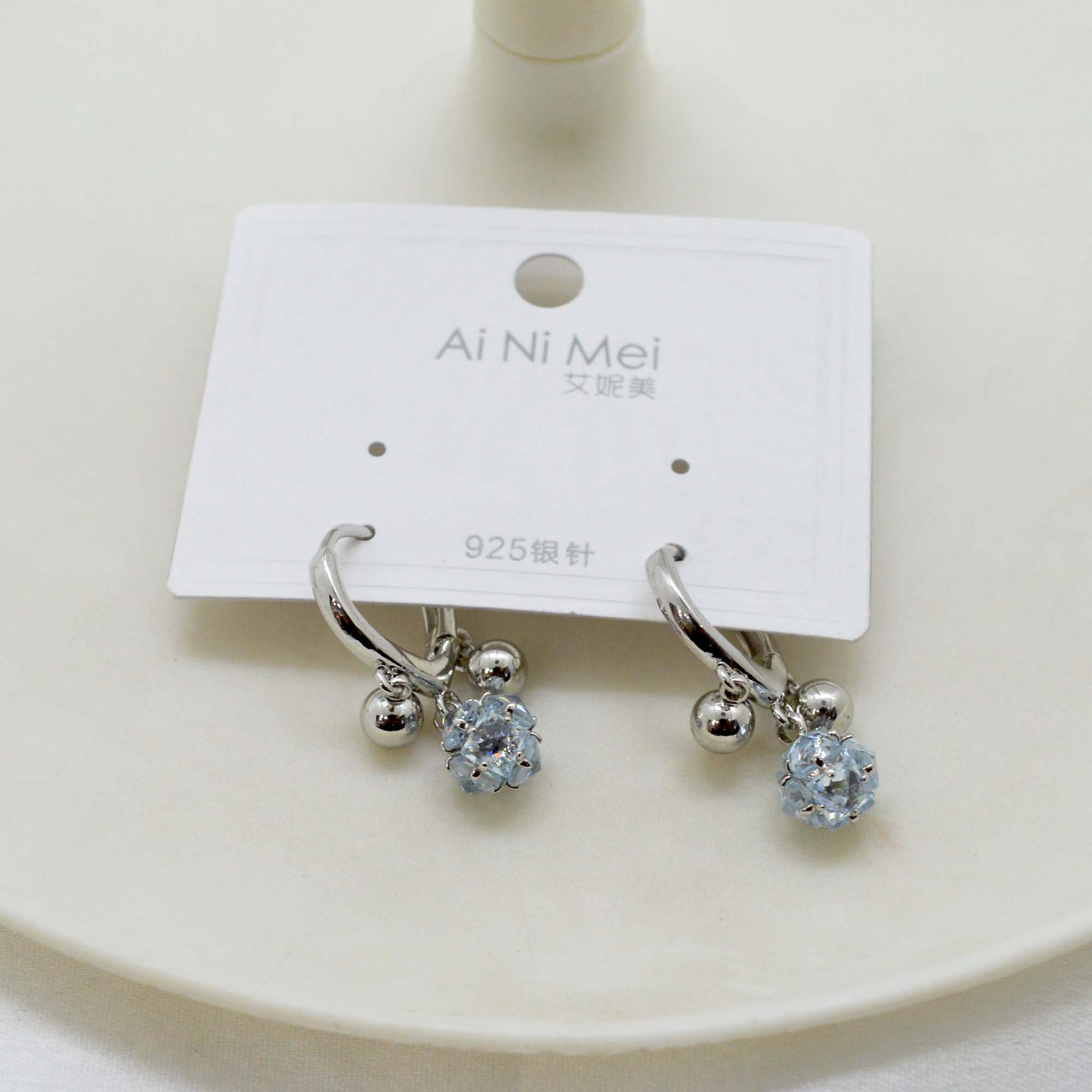 Jewels of Nepal S925 Silver Toned Round Stone Drop Juli Small Hoop Earrings for Women - Image 2