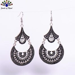 Silver Aztec Patterned Long Dangling Earrings For Women