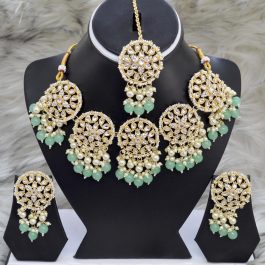 Stones & Beads Studded Tasseled Necklace, Earrings and Maangtika Set
